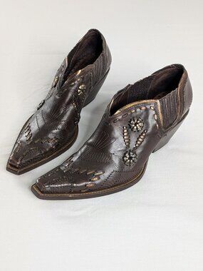 Brown Leather Metallic Bronze Low Heel Western Cowboy Boots Booties